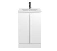 Hudson Reed Modern Bathroom Floor Standing 2 Soft Close Doors Vanity Unit with Round Ceramic Basin with 30mm Profile, 500mm, Satin White, Wood