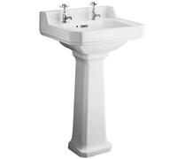 Hudson Reed Richmond 500 X 350 mm White Vitreous China Basin & Pedestal, 2 Taphole, Gloss, Traditional