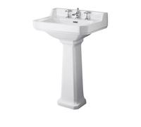 Hudson Reed Richmond 560mm White Premium Basin With Pedestal And 3 Tap Hole, Classic Design For A Stylish Bathroom