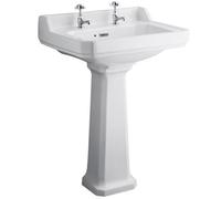 Hudson Reed Richmond 595 X 470 mm White Gloss Vitreous China Basin & Full Pedestal - 2 Tap Holes