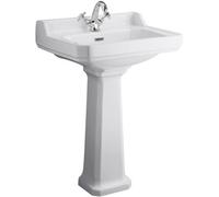 Hudson Reed Richmond 595 X 470mm White Vitreous China Basin With Comfort-Height Pedestal, 1 Taphole, Gloss
