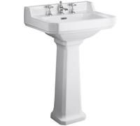 Hudson Reed Richmond 600mm White Premium Basin With Comfort Height Pedestal & 3 Tap Hole, Traditional Basin With Pedestal