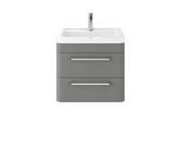 Nuie Hudson Reed Solar Wall Hung Vanity Unit With Ceramic Basin, Modern 2 Drawer Bathroom Sink Vanity Unit In Cool Grey, 600mm