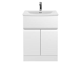 Hudson Reed URB103G Urban Modern Bathroom Floor Standing 2 Soft Close Doors and 1 Drawer Vanity Unit with Round Ceramic Basin with 30mm Profile, 600mm, Satin White