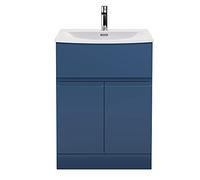 Hudson Reed URB303G Urban Modern Bathroom Floor Standing 2 Soft Close Doors and 1 Drawer Vanity Unit with Round Ceramic Basin with 30mm Profile, 600mm, Satin Blue