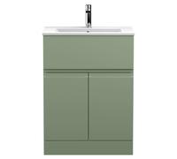 Hudson Reed Urban Floor Standing Single Drawer 2 Door Vanity Unit and Minimalist Ceramic Basin | Satin Green | MDF | 600mm