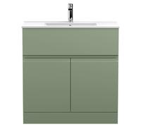 Hudson Reed Urban Floor Standing Single Drawer 2 Door Vanity Unit and Minimalist Ceramic Basin | Satin Green | MDF | 800mm