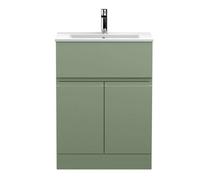 Hudson Reed Urban Floor Standing Single Drawer 2 Door Vanity Unit and Minimalist Ceramic Basin | Satin Green | MDF | 600mm