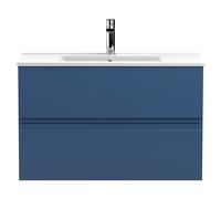 Hudson Reed Urban Wall Hung 2 Drawer Vanity Unit and Minimalist Ceramic Basin | Satin Blue | MDF | 800mm