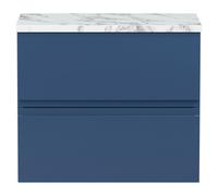 Hudson Reed URB304LCM Urban Modern Bathroom Wall Hung 2 Soft Close Drawer Vanity Unit and Carrera Marble Laminate Worktop, 600mm, Satin Blue