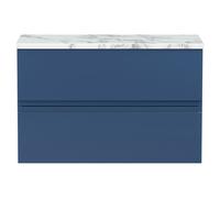 Hudson Reed URB306LCM Urban Modern Bathroom Wall Hung 2 Soft Close Drawer Vanity Unit and Carrera Marble Laminate Worktop, 800mm, Satin Blue