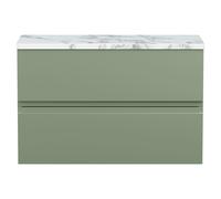 Hudson Reed Urban Wall Hung 2 Drawer Vanity Unit with Matt Carrera Marble Laminate Worktop | Satin Green | MFC | 800mm