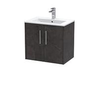 Hudson Reed Wall Hung 2 Door Vanity Unit & Minimalist Ceramic Basin, 600mm, Matt Metallic Slate