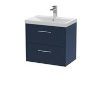 Hudson Reed JNU2924D Juno Modern Bathroom Wall Hung 2 Soft Close Drawer Vanity Unit and Thin-Edge Basin, 600mm, Midnight Blue