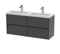 Hudson Reed Wall Hung 4 Drawer Vanity Unit & Double Polymarble Basin, 1200mm, Woodgrain Graphite Grey