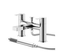 Hudson Reed WIL304 Willow ǀ Modern Bathroom Round Deck Mounted Double Handle Bath Mixer with Shower Kit and Wall Bracket, 141mm x 230mm, Chrome