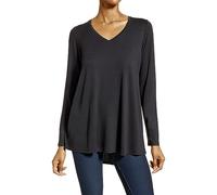 HUE Women's Basic Long Sleeve T-Shirt V-Neck Loose Tunic Top with Hi-Low Hem, Black, L