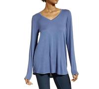 HUE Women's Basic Long Sleeve T-Shirt V-Neck Loose Tunic Top with Hi-Low Hem, Crown Blue, XL
