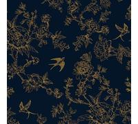 HueBurst Peel and Stick Wallpaper 17.3"x80" Navy Gold Birds Floral Wallpaper Dark Blue Vintage Wall Paper Removable Boho Self Adhesive Contact Paper for Bedroom Bathroom Vinyl