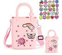 huefeel Mini Silicone Tote Bag, Rubber Beach Tote with Adjustable Strap &25pcs Cute Decorations for Girls/Little Girl, Pink, Fashion