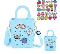 huefeel Mini Silicone Tote Bag, Rubber Beach Tote with Adjustable Strap &25pcs Cute Decorations for Girls/Little Girl, Blue, Fashion