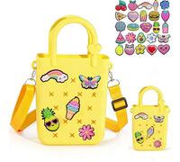 huefeel Mini Silicone Tote Bag, Rubber Beach Tote with Adjustable Strap &25pcs Cute Decorations for Girls/Little Girl, Yellow, Fashion