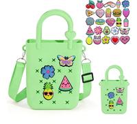 huefeel Mini Silicone Tote Bag, Rubber Beach Tote with Adjustable Strap &25pcs Cute Decorations for Girls/Little Girl, Grass Green, Fashion