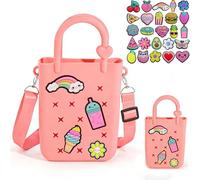 huefeel Mini Silicone Tote Bag, Rubber Beach Tote with Adjustable Strap &25pcs Cute Decorations for Girls/Little Girl, Watermelon Red