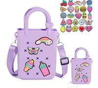 huefeel Mini Silicone Tote Bag, Rubber Beach Tote with Adjustable Strap &25pcs Cute Decorations for Girls/Little Girl, Purple