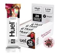 Huel Complete Nutrition Bar, 12 x 55g Bars, Dark Chocolate Raspberry, High Protein Bar, Plant-Based Protein Bars, Low Sugar, High Fibre, High-Protein Snack with Vegan Chocolate, Under 210 Calories
