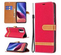 Hülle® Denim Flip Wallet Case with Stand Function and Card Slot Compatible for Xiaomi Poco F3/Xiaomi Redmi K40 Pro/Xiaomi Redmi K40/Xiaomi Mi 11i (Red)