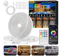 HUEMIHUI 15M Outdoor RGBWW+IC LED Strip Lights, IP67 Waterproof Multi-Colored+3000K-6500K LED Lights with Remote & APP, Music Sync Color Changing Tape Lights, 24V DIY Strip Lighting for Courtyard-15M