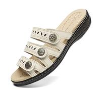 Hueneph Women's Comfort Leather Slides Lightweight Flat Sandals Cute Slip On Casual Walking Slippers