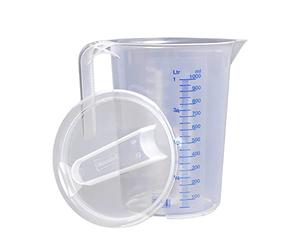 hünersdorff Measuring Jug 1 Litre with Lid, Polypropylene (PP), Shatterproof and Dishwasher Safe, Open Handle, Transparent + Blue