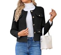 HUEOBIR Women's Long Sleeve Cropped Tweed Coat with Pocket Elegant Slim Fit Work Office Business Short Tweed Blazer, Black, M