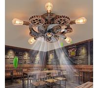 HUEOCZW 20" Retro Industrial Steampunk Ceiling Fans with Lights and Remote,Low Profile Flush Mount Bladeless Ceiling Fan with Light,Nautical Style 6 Speeds for Bedroom Kitchen Island Bar Cafe
