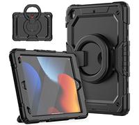 HUEZOE Case for iPad 10.2 Inch, Model 2021/2020/2019 Shockproof Full Body Protective Cover with 360 Degree Rotating Stand Shoulder Strap for iPad 9/8/7, Black