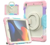HUEZOE iPad 10.2 Inch Case, Model 2021/2020/2019 Shockproof Full Body Protective Cover with 360 Degree Rotating Stand Shoulder Strap for iPad 9/8/7, Pink Rainbow