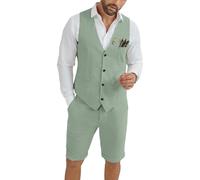 HUEZOE Mens Linen Suit 2 Piece Short Suits for Men Casual Summer Beach Groom Wedding Suit Linen Vest Shorts Set, Sage Green, L