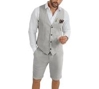 HUEZOE Mens Linen Suit 2 Piece Short Suits for Men Casual Summer Beach Groom Wedding Suit Linen Vest Shorts Set, Grey, XXL