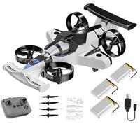 HUFENYU 2 In 1 Flying RC Car Drone Rechargeable Dual-Mode Remote Control Flying Car Drone 360° High Speed Drift Stunt Cars 2.4Ghz 4WD Stunt RC Cars Vehicle(White+Battery*3)