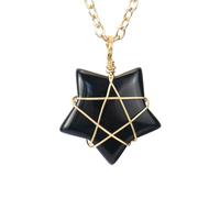 HUFFA Handmade Gold Natural Crystal Agate Five-Pointed Star Pendant Necklace - Tiger Stone Jewelry for Spiritual Healing(Blackonyx)