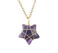 HUFFA Handmade Gold Natural Crystal Agate Five-Pointed Star Pendant Necklace - Tiger Stone Jewelry for Spiritual Healing(Amethyst)
