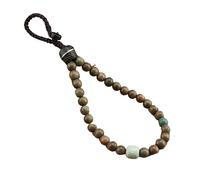 HUFFA Handmade Green Sandalwood Car Key Chain Pendant with Buddha Beads | Anti-Lost Wrist Rope Lanyard(Greensand)