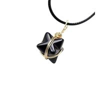 HUFFA Natural Crystal Merkaba Six-Pointed Star Pendant Necklace | Hand-Woven Gemstone Jewelry for Spiritual Healing(Obsidian(blackstone))