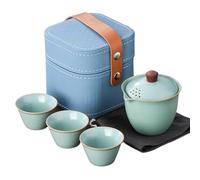 HUFFA Portable Outdoor Travel Tea Set - Beige Ceramic One Pot with Three Cups(Color2)