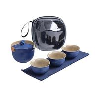 HUFFA Portable Travel Tea Set with One Pot and Three Cups - Coarse Pottery Tea Set for Tea Lovers(Blue)