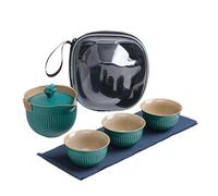 HUFFA Portable Travel Tea Set with One Pot and Three Cups - Coarse Pottery Tea Set for Tea Lovers(DarkGreen)