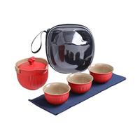 HUFFA Portable Travel Tea Set with One Pot and Three Cups - Coarse Pottery Tea Set for Tea Lovers(Red)