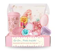 Hug in a Box - Mermaid Treasure Girls Pamper Set with Cosmetic Bag, Ocean-Themed Cup with Lid, Bathbomb Gemstone, Lip Balm, Hair Claw Clip, Hair Brush with Mirror, Scrunchie, Craft Soap Flower